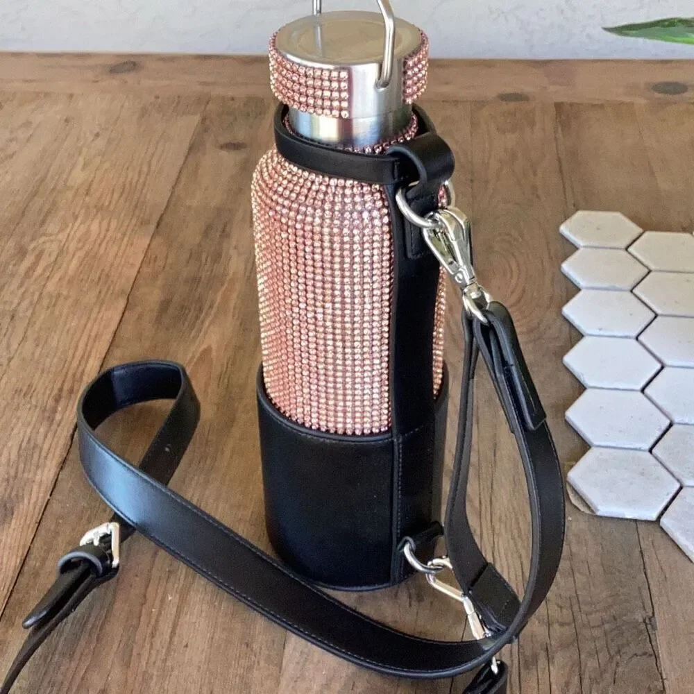 New Tomo Rhinestone Water Bottle w/ Vegan Leather Glam Bag Holder Rose Gold